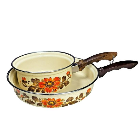 Lot of 2 Vintage Moneta Enamelware Cookware Sauce Pan 16 & 10" Skillet 24 Italy - Picture 1 of 16